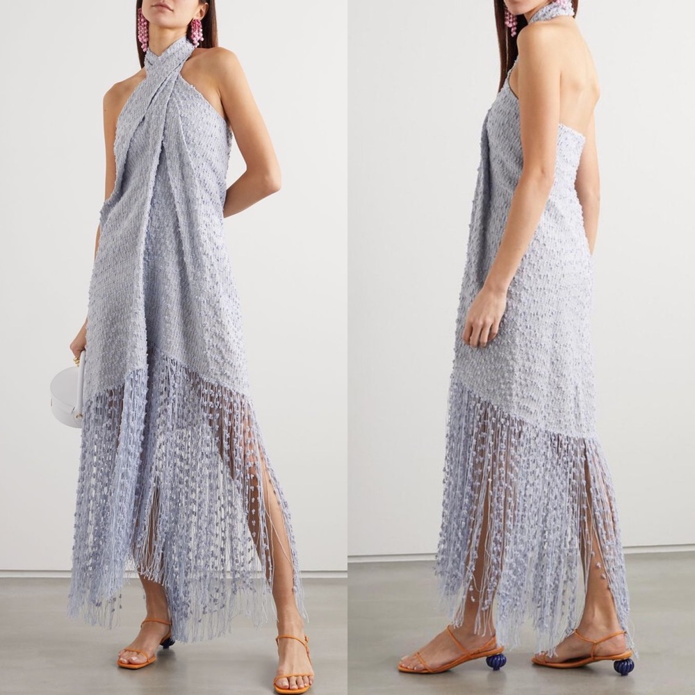 Jacquemus Blue Cortese Fringed Appliquéd Tweed Halterneck Maxi Dress
